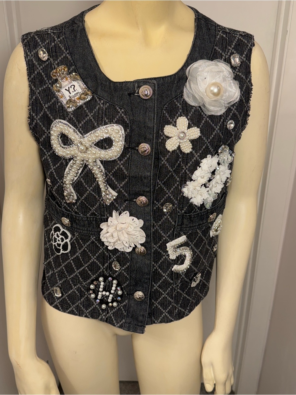 Embellished Black Quilted Sleeveless Vest Top